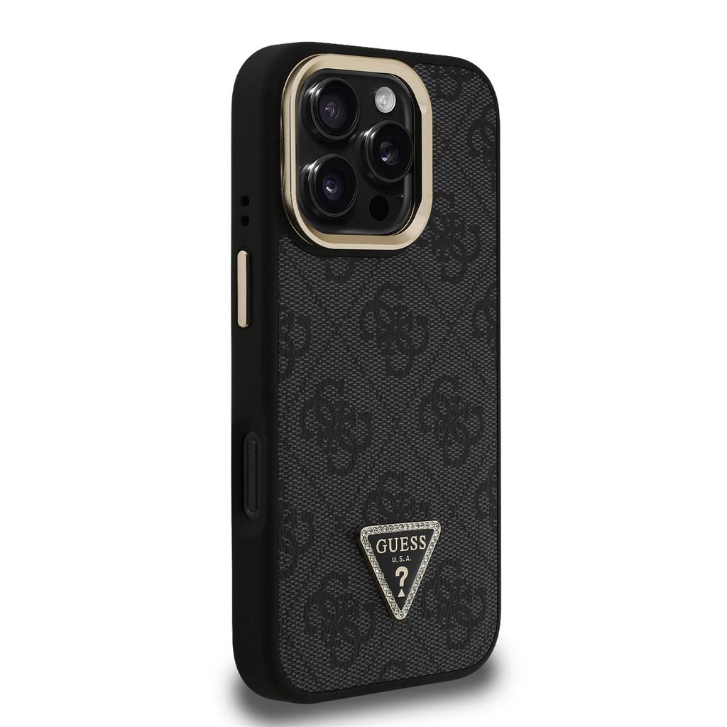 Apple iPhone 16 Pro Max Guess PU 4G Strass Triangle Logo Stand Camera Frame MagSafe tok (Fekete) - GUHMP16XPCS4GPTK