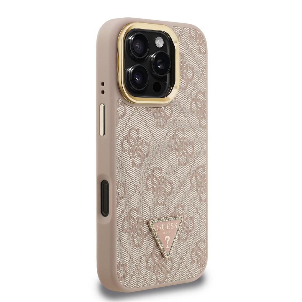Apple iPhone 16 Pro Max Guess PU 4G Strass Triangle Logo Stand Camera Frame MagSafe tok (Rózsaszín) - GUHMP16XPCS4GPTP