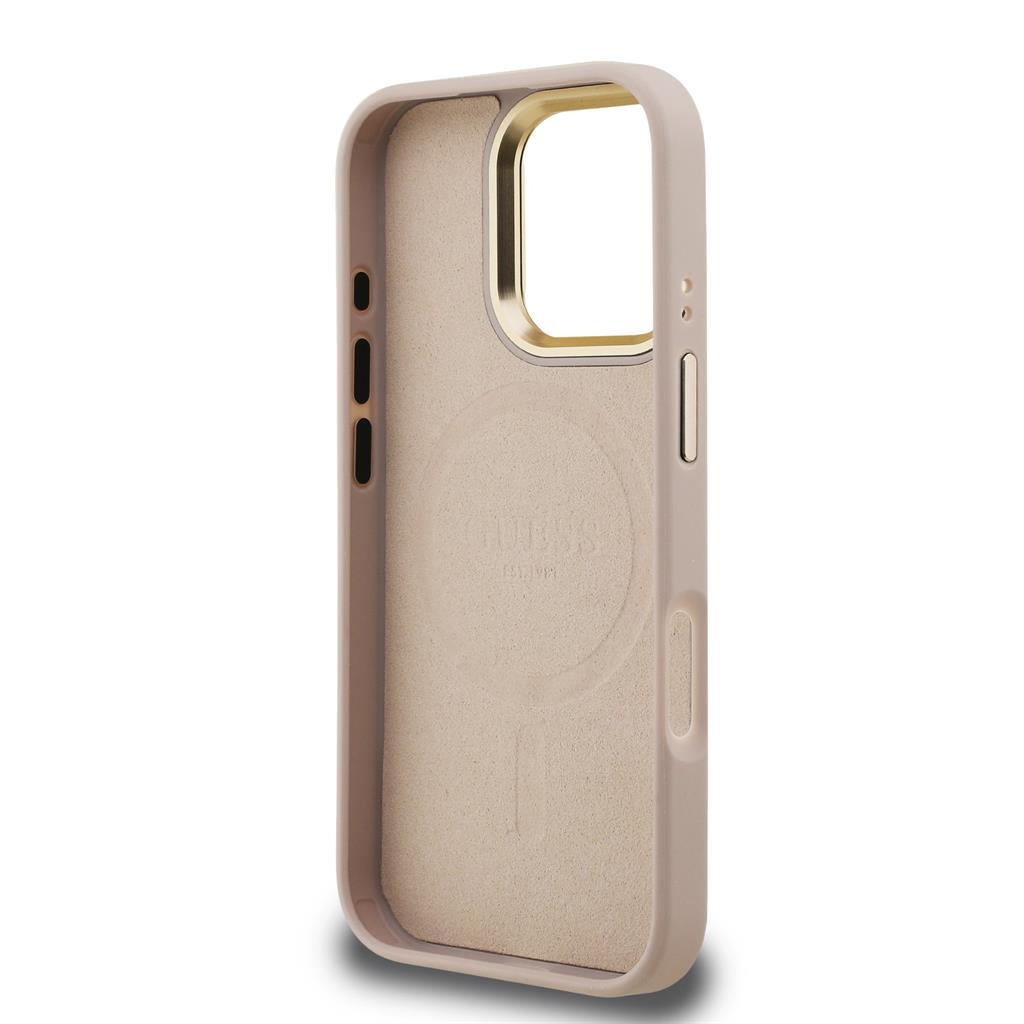 Apple iPhone 16 Pro Max Guess PU 4G Strass Triangle Logo Stand Camera Frame MagSafe tok (Rózsaszín) - GUHMP16XPCS4GPTP