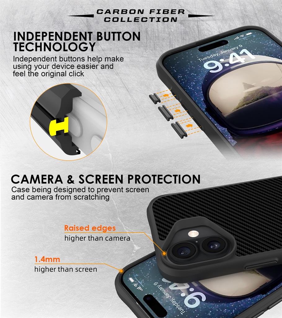 Apple iPhone 16 TOKO Carbon fiber hátlap tok (Fekete)