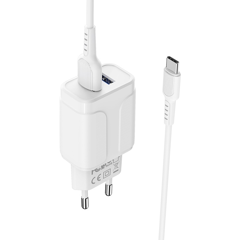 Borofone BA37A hálózati töltő (2 USB port, type-C kábel), 5V 2,4A, fehér 0