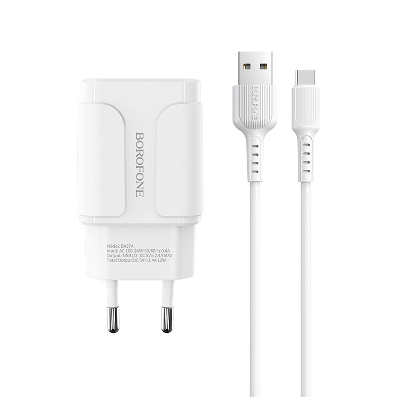 Borofone BA37A hálózati töltő (2 USB port, type-C kábel), 5V 2,4A, fehér 1