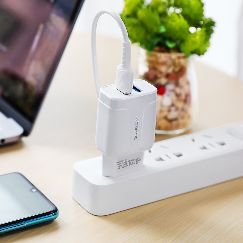Borofone BA37A hálózati töltő (2 USB port, type-C kábel), 5V 2,4A, fehér 2