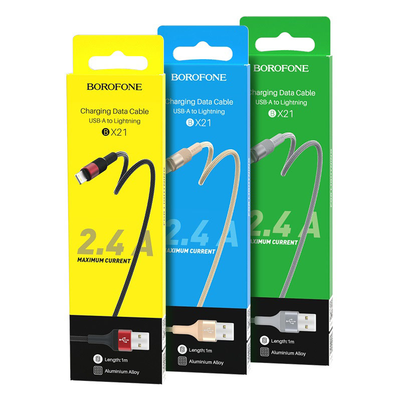 Borofone BX21 lightning kábel, 2.4A, fém csatlakozó, szövet, 1M, piros 2