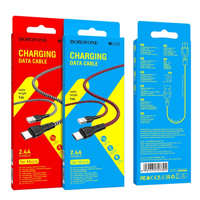 Borofone BX39 type-C kábel, 3A, 1M, szövet, fekete - fehér 0