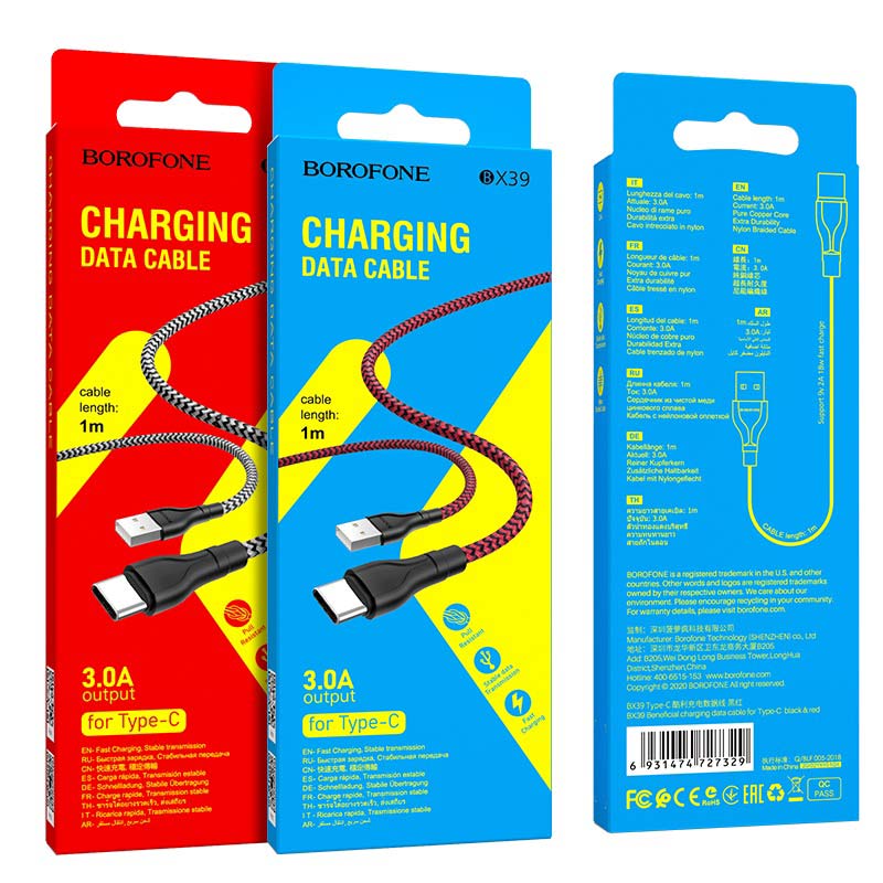 Borofone BX39 type-C kábel, szövet, 3A, 1m, fekete/ piros 1