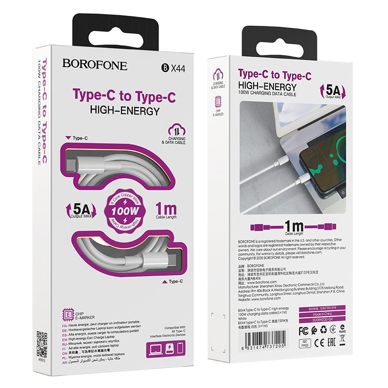 Borofone BX44 type-C kábel (PD gyorstöltő), 5A, 100W (20V / 5A), 1M, fehér 2