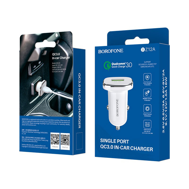 Borofone BZ12A autós töltő (type-C kábel), QC 3.0,18W, fehér