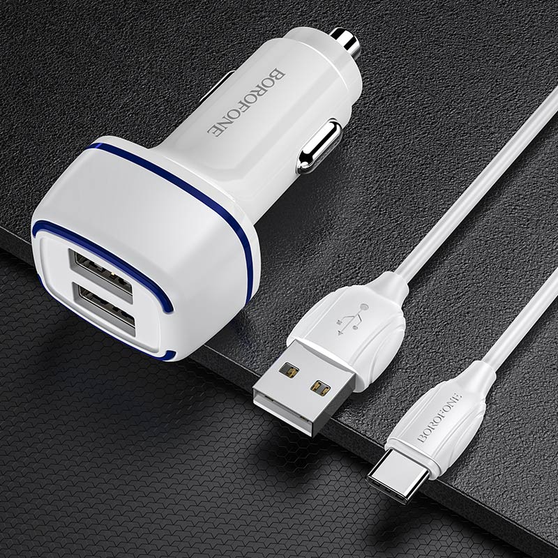 Borofone BZ14 autós töltő (2 USB, type-C kábel), 5V 2,4A, fehér