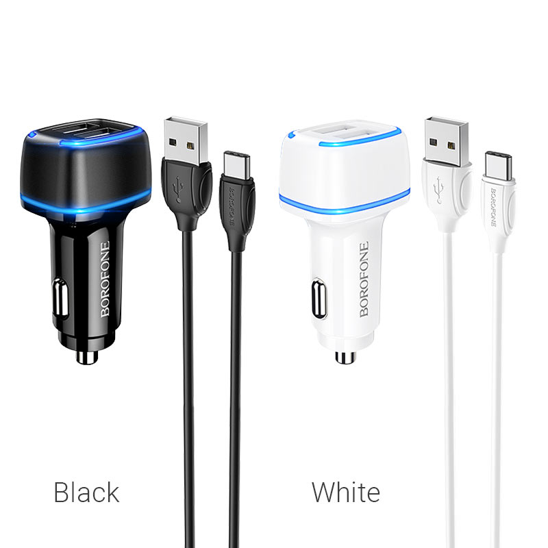 Borofone BZ14 autós töltő (2 USB, type-C kábel), 5V 2,4A, fehér