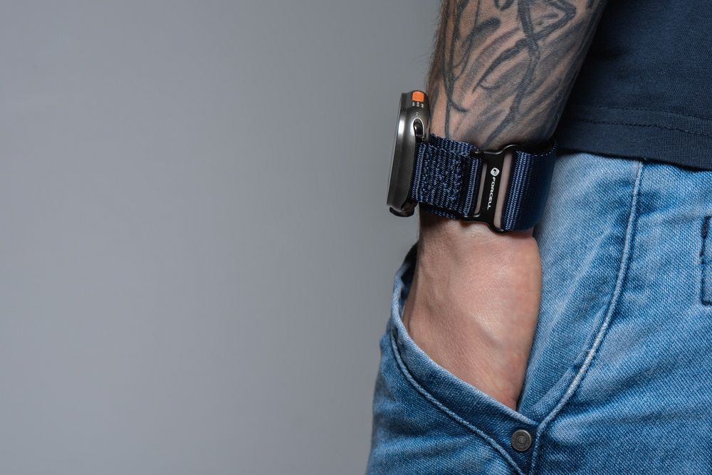 Forcell F-Design FA05 nylon tépőzáras szíj Apple Watch 42 / 44 / 45 / 49 mm (Kék)