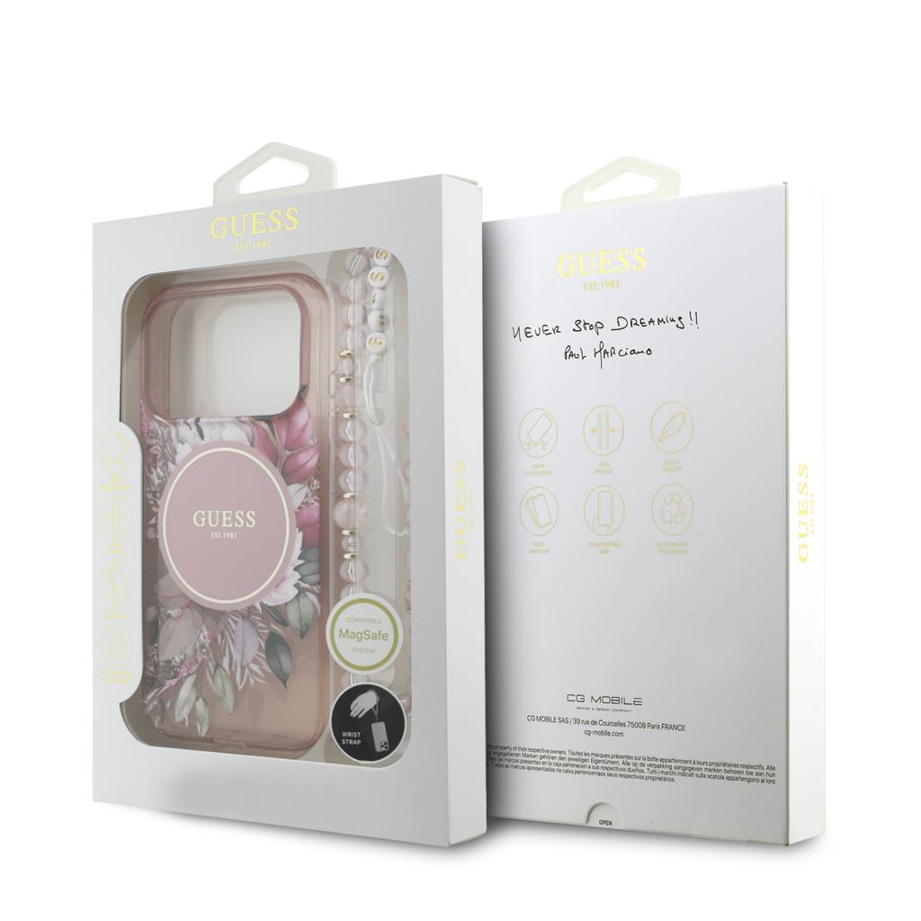 Guess IML Flowers Strap MagSafe iPhone 17 Pro (Rózsaszín)