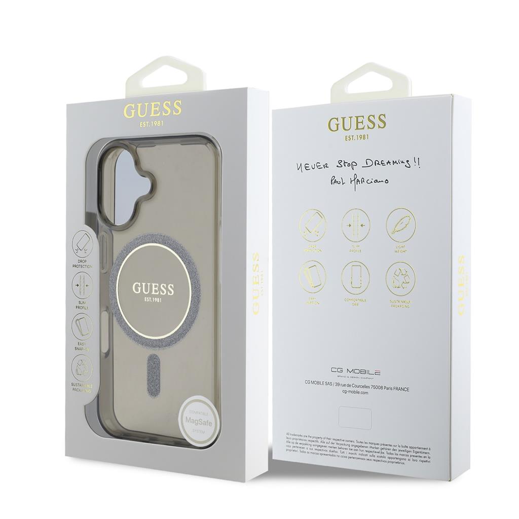 Apple iPhone 16 Guess IML Glitter Ring MagSafe tok (Fekete) - GUHMP16SHFGEREK