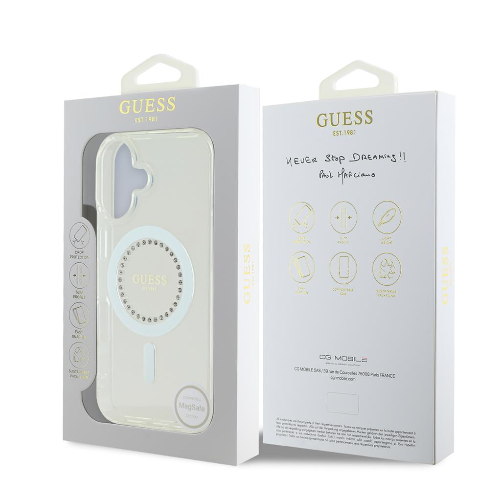Apple iPhone 16 Guess IML Rhinestones Ring MagSafe tok (Fehér) - GUHMP16SPFTDTEH