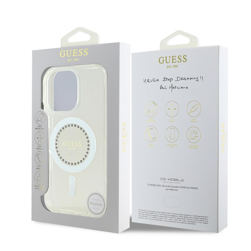Apple iPhone 16 Pro Guess IML Rhinestones Ring MagSafe tok (Fehér) - GUHMP16LPFTDTEH