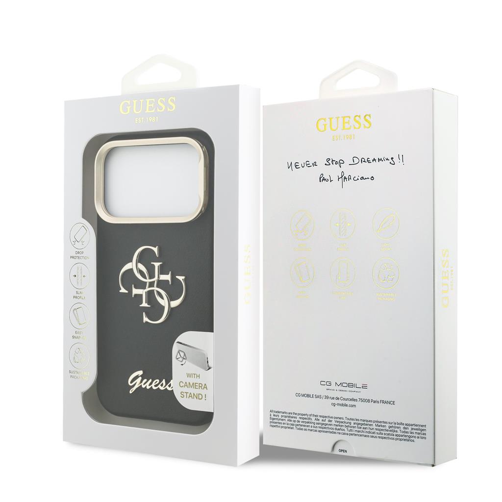 Guess PU Grained 4G Logo Stand Camera Frame iPhone 17 Pro (Fekete)