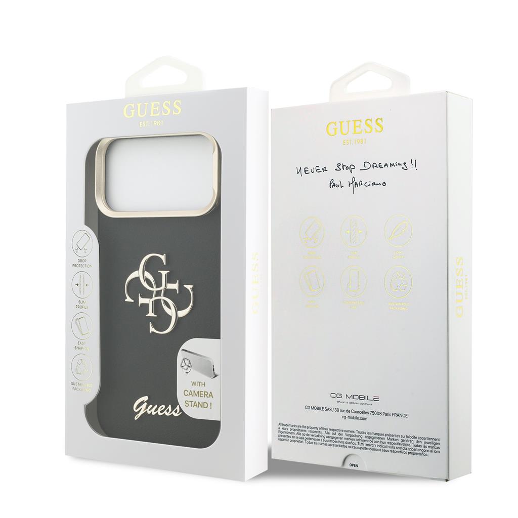 Guess PU Grained 4G Logo Stand Camera Frame iPhone 17 Pro Max (Fekete)