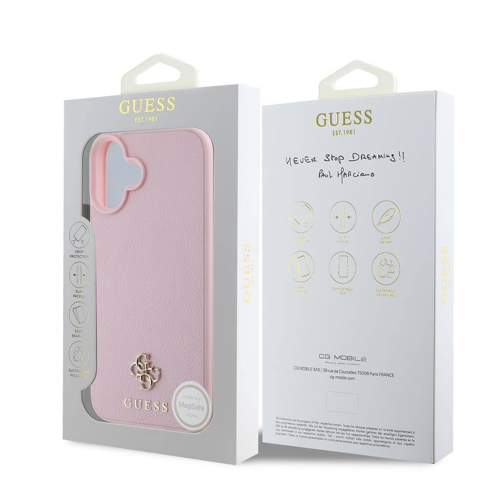 Apple iPhone 16 Guess PU Grained 4G Small Metal Logo MagSafe tok (Rózsaszín) - GUHMP16SPGCSM4MP