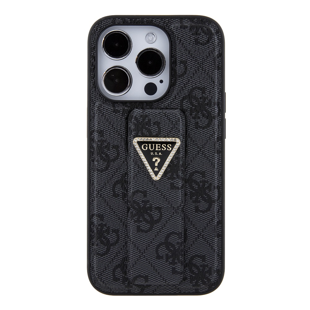Apple iPhone 15 Pro Guess PU Grip Stand Strass Triangle tok (Fekete) - GUHCP15LPGS4TDK