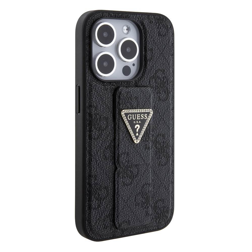 Apple iPhone 15 Pro Guess PU Grip Stand Strass Triangle tok (Fekete) - GUHCP15LPGS4TDK