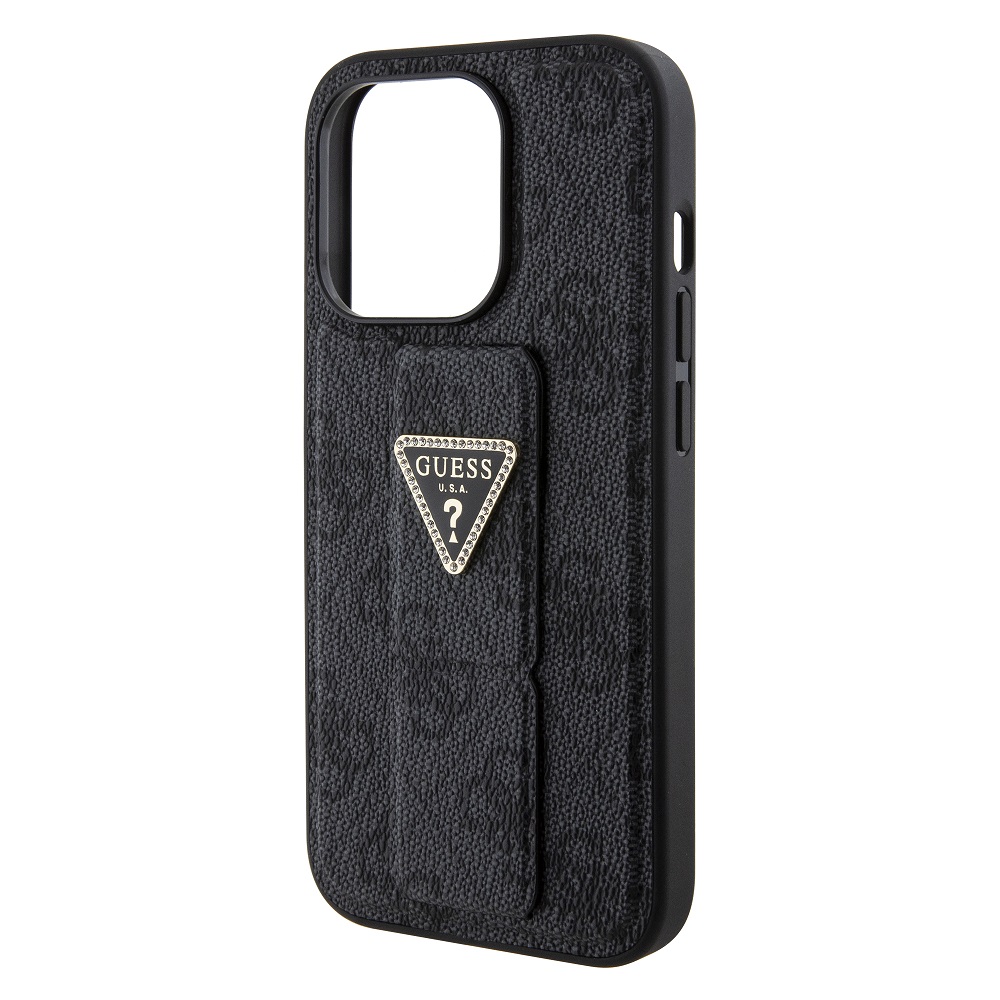 Apple iPhone 15 Pro Guess PU Grip Stand Strass Triangle tok (Fekete) - GUHCP15LPGS4TDK