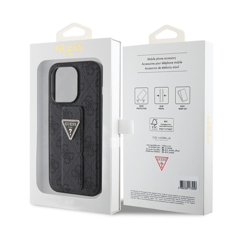 Apple iPhone 15 Pro Guess PU Grip Stand Strass Triangle tok (Fekete) - GUHCP15LPGS4TDK
