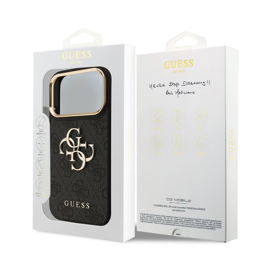 Guess PU Leather 4G Metal Logo Gold Frame iPhone 17 Pro (Fekete)