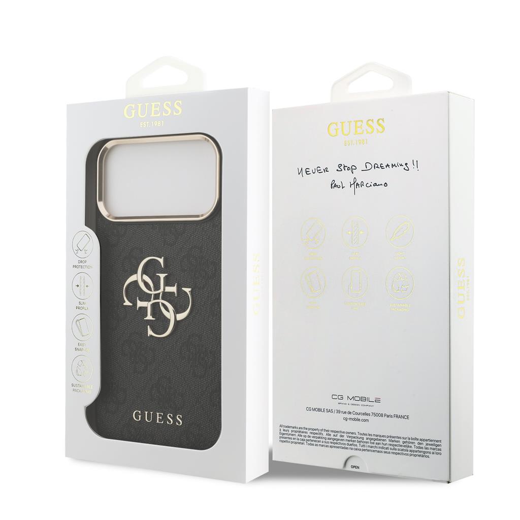 Guess PU Leather 4G Metal Logo Gold Frame iPhone 17 Pro Max (Fekete)