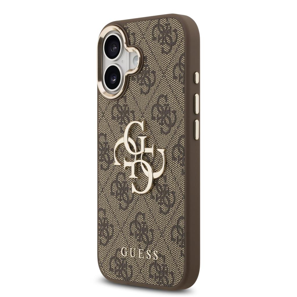 Guess PU Leather 4G Metal Logo Gold Frame tok iPhone 17 (Barna)
