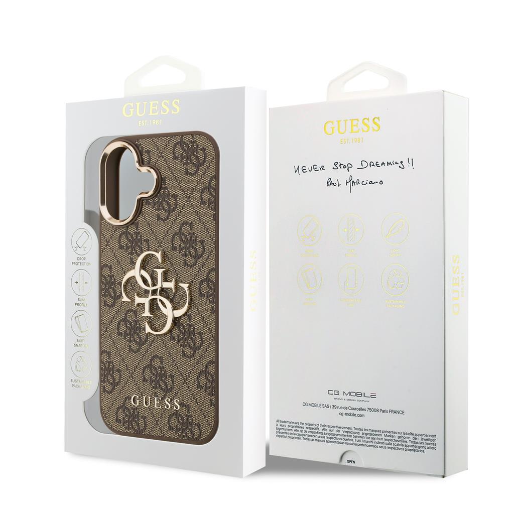 Guess PU Leather 4G Metal Logo Gold Frame tok iPhone 17 (Barna)