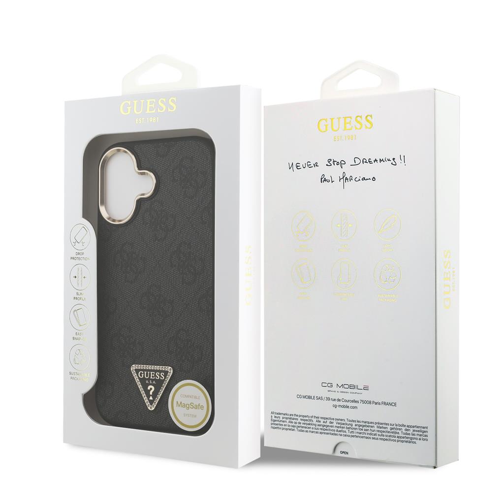 Guess PU Leather 4G Strass Triangle Logo Gold Frame MagSafe tok iPhone 17 (Fekete) - GUHMP17SP4GTDGMK