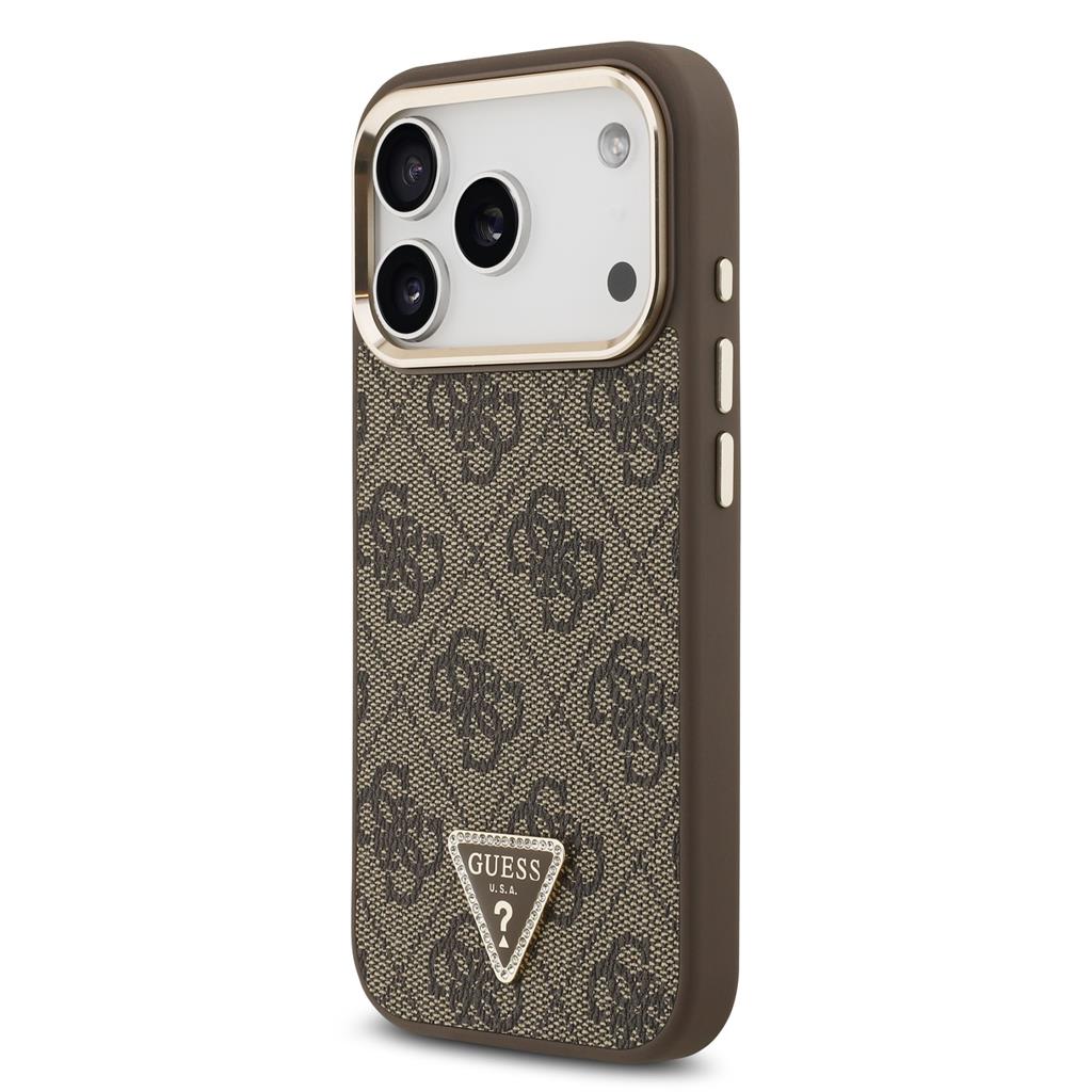 Guess PU Leather 4G Strass Triangle Logo Gold Frame MagSafe tok iPhone 17 Pro (Barna) - GUHMP17LP4GTDGMW