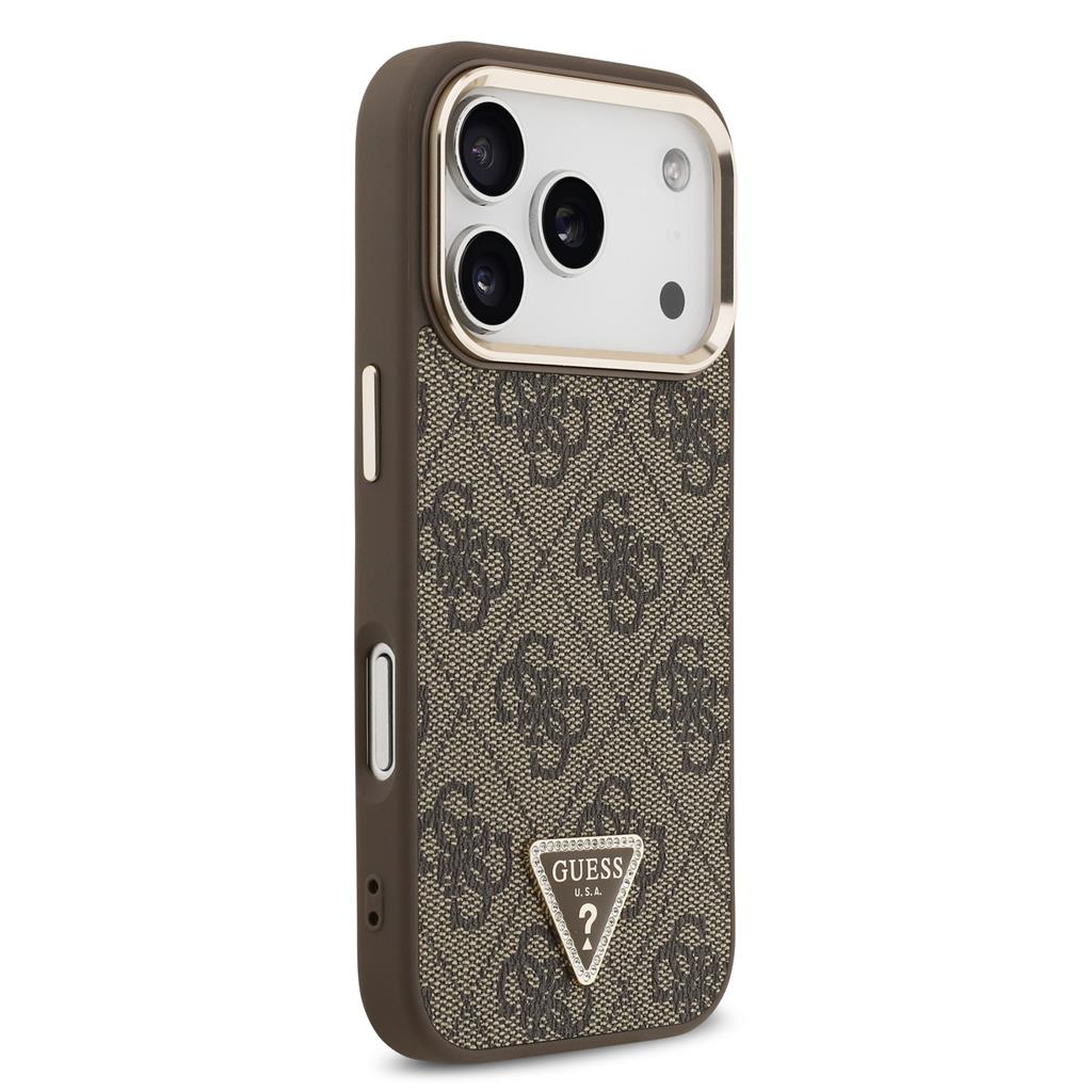 Guess PU Leather 4G Strass Triangle Logo Gold Frame MagSafe tok iPhone 17 Pro (Barna) - GUHMP17LP4GTDGMW