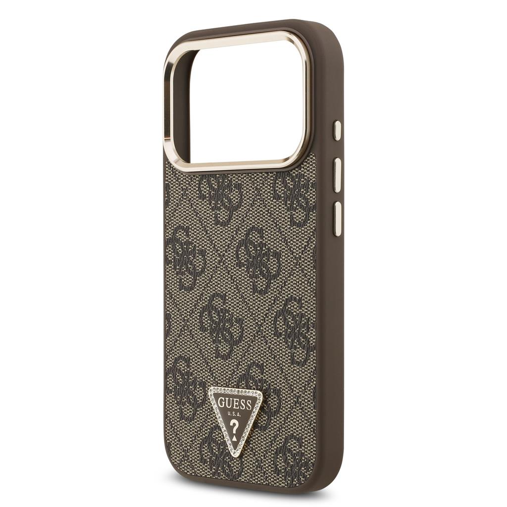 Guess PU Leather 4G Strass Triangle Logo Gold Frame MagSafe tok iPhone 17 Pro (Barna) - GUHMP17LP4GTDGMW