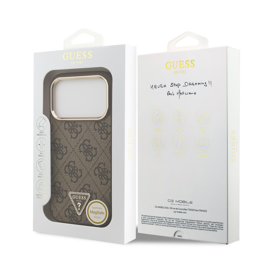 Guess PU Leather 4G Strass Triangle Logo Gold Frame MagSafe tok iPhone 17 Pro (Barna) - GUHMP17LP4GTDGMW