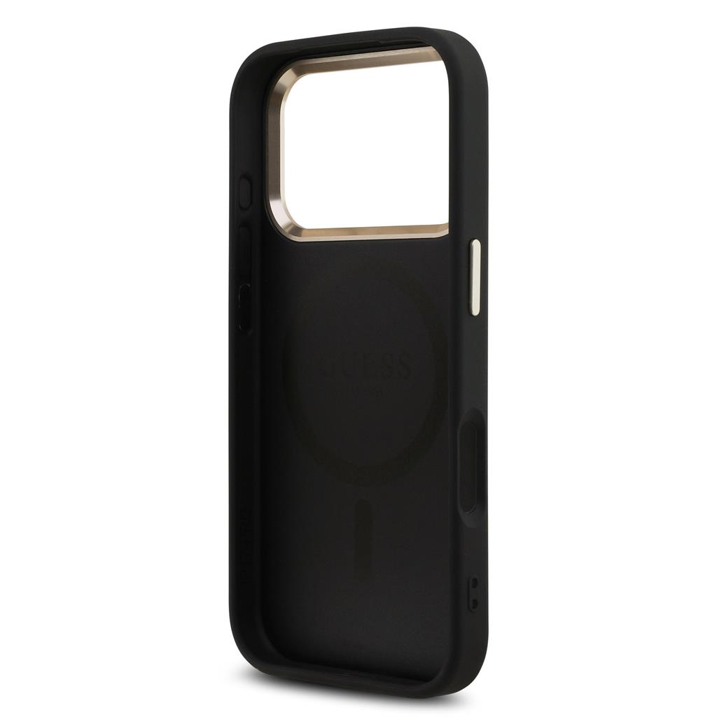 Guess PU Leather 4G Strass Triangle Logo Gold Frame MagSafe tok iPhone 17 Pro (Fekete) - GUHMP17LP4GTDGMK