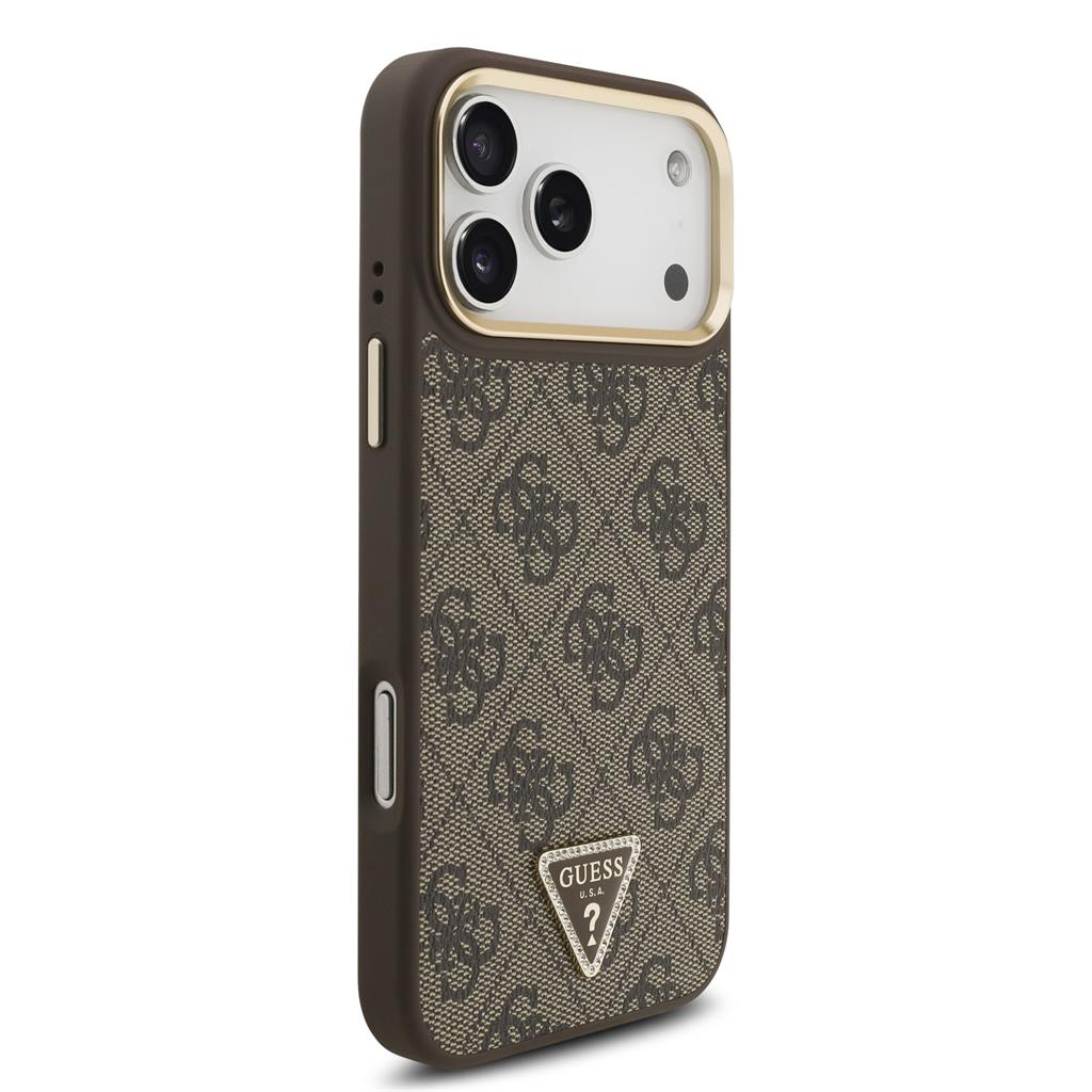 Guess PU Leather 4G Strass Triangle Logo Gold Frame MagSafe tok iPhone 17 Pro Max (Barna)