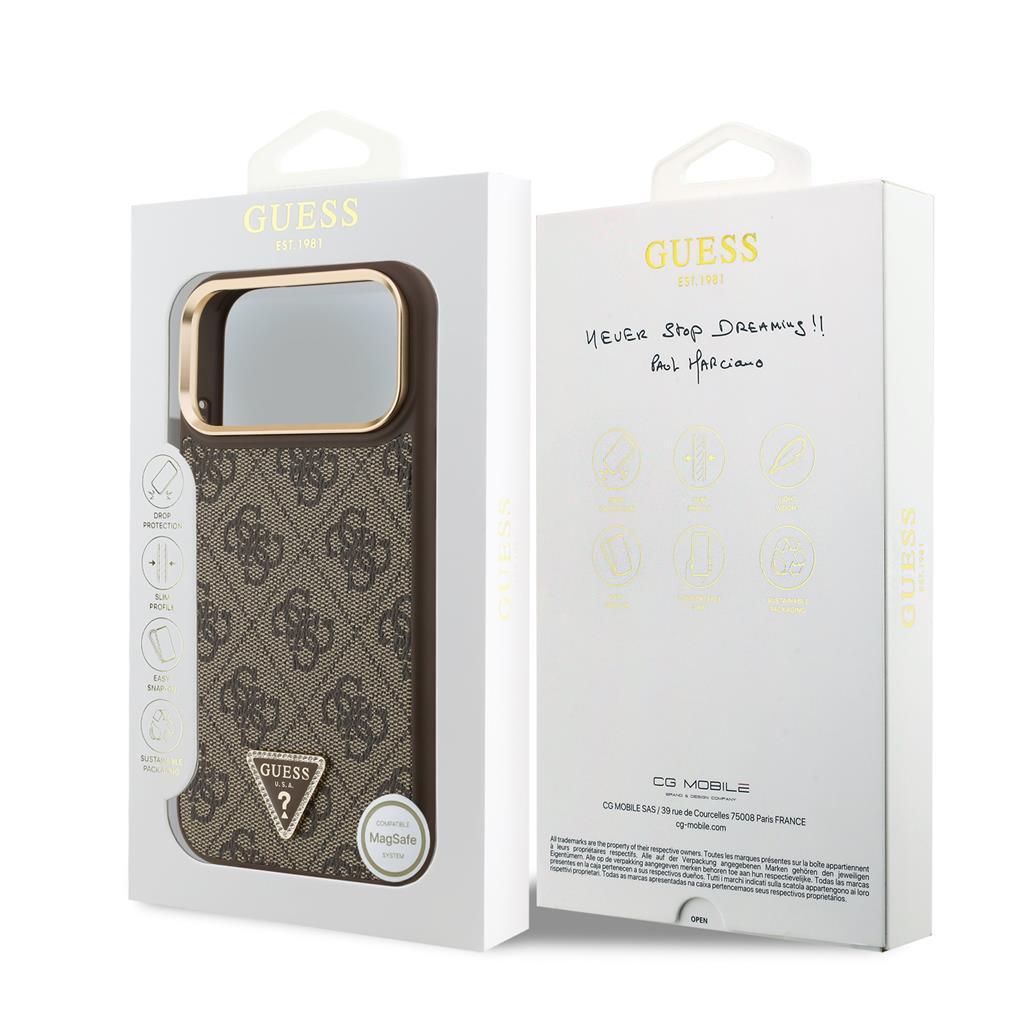 Guess PU Leather 4G Strass Triangle Logo Gold Frame MagSafe tok iPhone 17 Pro Max (Barna)