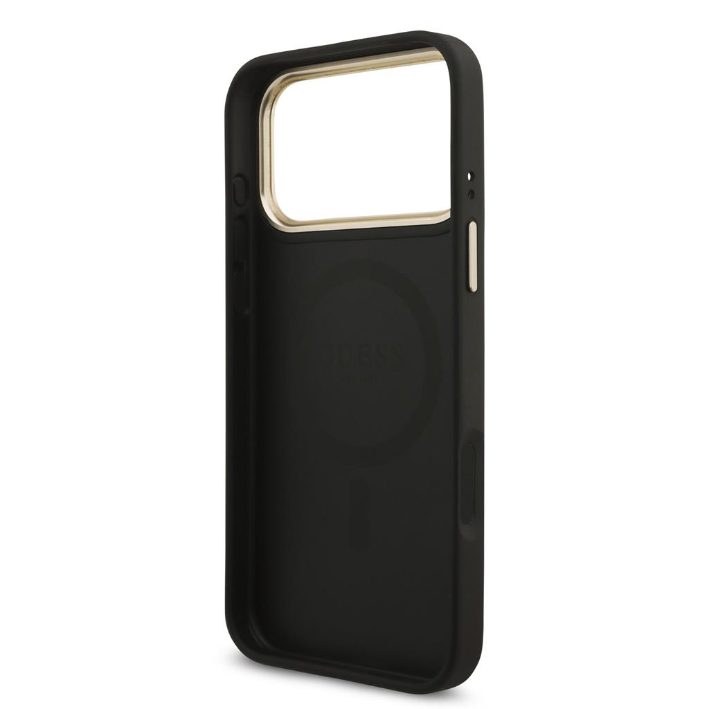 Guess PU Leather 4G Strass Triangle Logo Gold Frame MagSafe tok iPhone 17 Pro Max (Fekete)