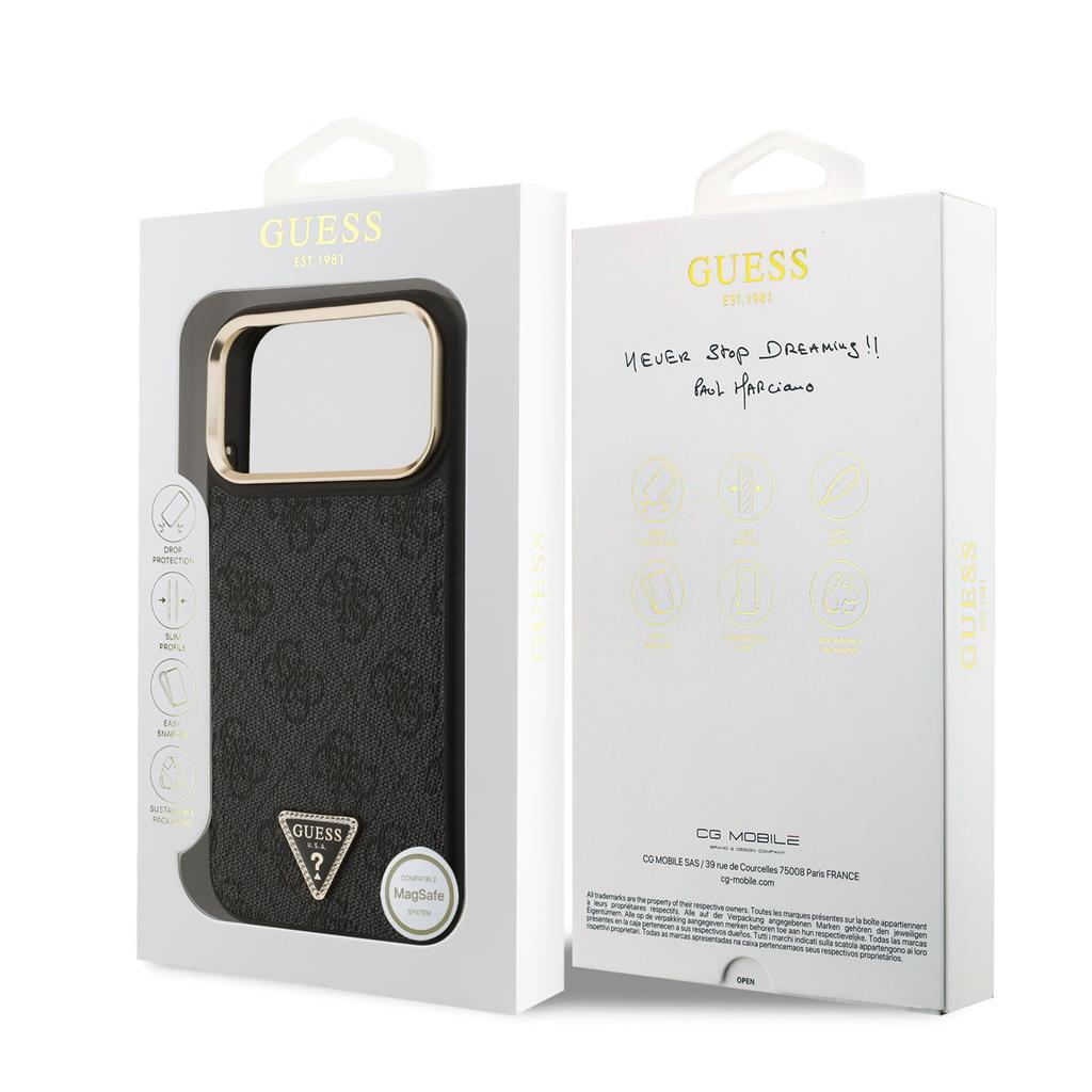 Guess PU Leather 4G Strass Triangle Logo Gold Frame MagSafe tok iPhone 17 Pro Max (Fekete)