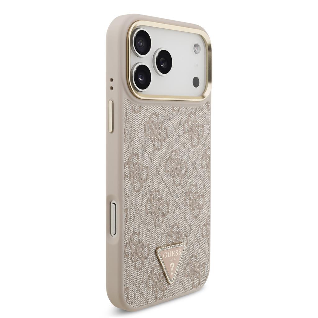 Guess PU Leather 4G Strass Triangle Logo Gold Frame MagSafe tok iPhone 17 Pro Max (Rózsaszín)