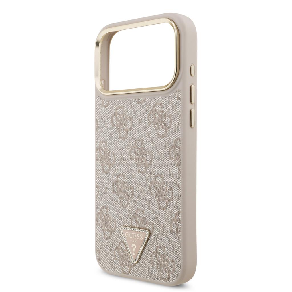 Guess PU Leather 4G Strass Triangle Logo Gold Frame MagSafe tok iPhone 17 Pro Max (Rózsaszín)