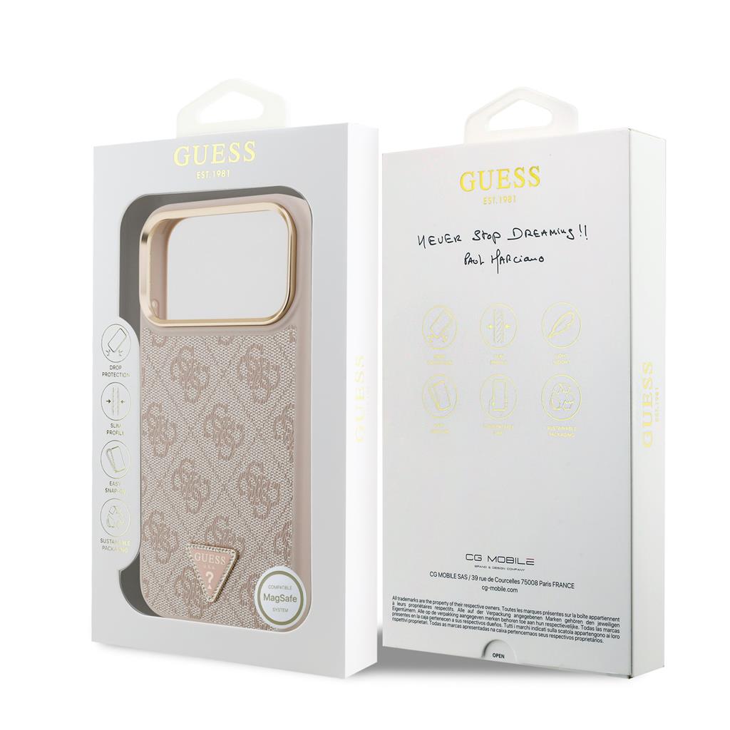 Guess PU Leather 4G Strass Triangle Logo Gold Frame MagSafe tok iPhone 17 Pro Max (Rózsaszín)