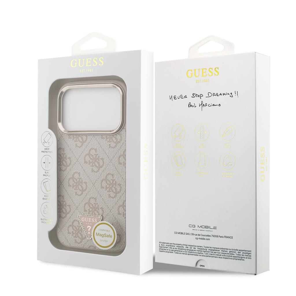Guess PU Leather 4G Strass Triangle Logo Gold Frame MagSafe tok iPhone 17 Pro (Rózsaszín) - GUHMP17LP4GTDGMP