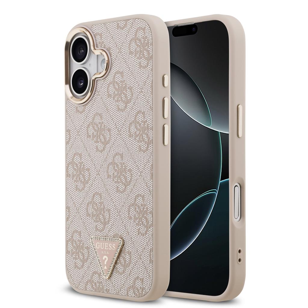 Guess PU Leather 4G Strass Triangle Logo Gold Frame MagSafe tok iPhone 17 (Rózsaszín) - GUHMP17SP4GTDGMP