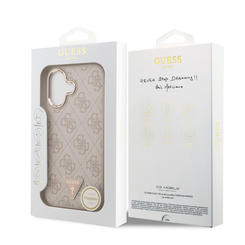 Guess PU Leather 4G Strass Triangle Logo Gold Frame MagSafe tok iPhone 17 (Rózsaszín) - GUHMP17SP4GTDGMP