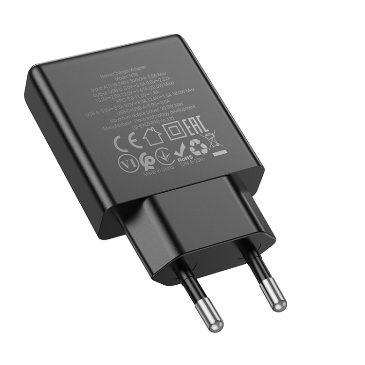 Hoco N38 gyorstöltő adapter USB-A/Type-C csatlakozással (PD20W teljesítménnyel) fekete 0