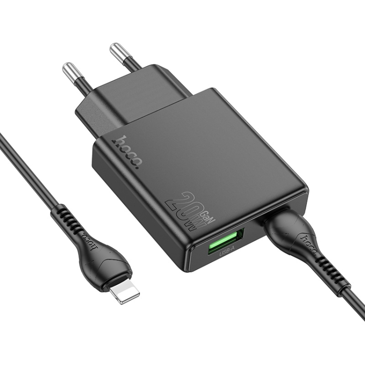 Hoco N38 gyorstöltő adapter USB-A/Type-C csatlakozással (PD20W teljesítménnyel) , Type-C-Lightning kábellel fekete 0
