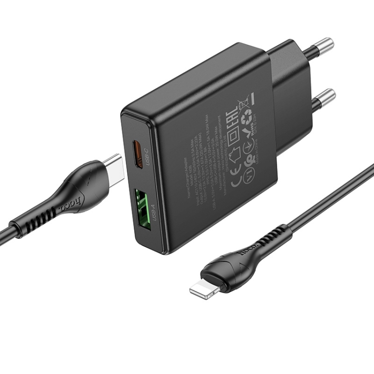 Hoco N38 gyorstöltő adapter USB-A/Type-C csatlakozással (PD20W teljesítménnyel) , Type-C-Lightning kábellel fekete 1