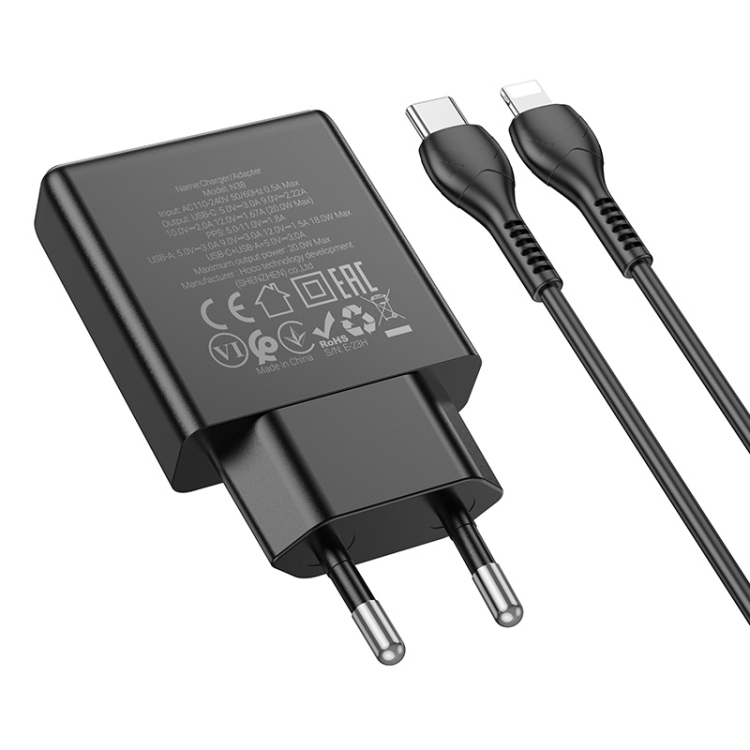 Hoco N38 gyorstöltő adapter USB-A/Type-C csatlakozással (PD20W teljesítménnyel) , Type-C-Lightning kábellel fekete 2